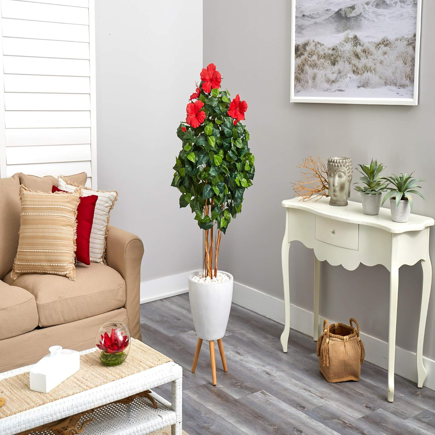 58″ Hibiscus Artificial Tree in Stylish White Planter with Stand