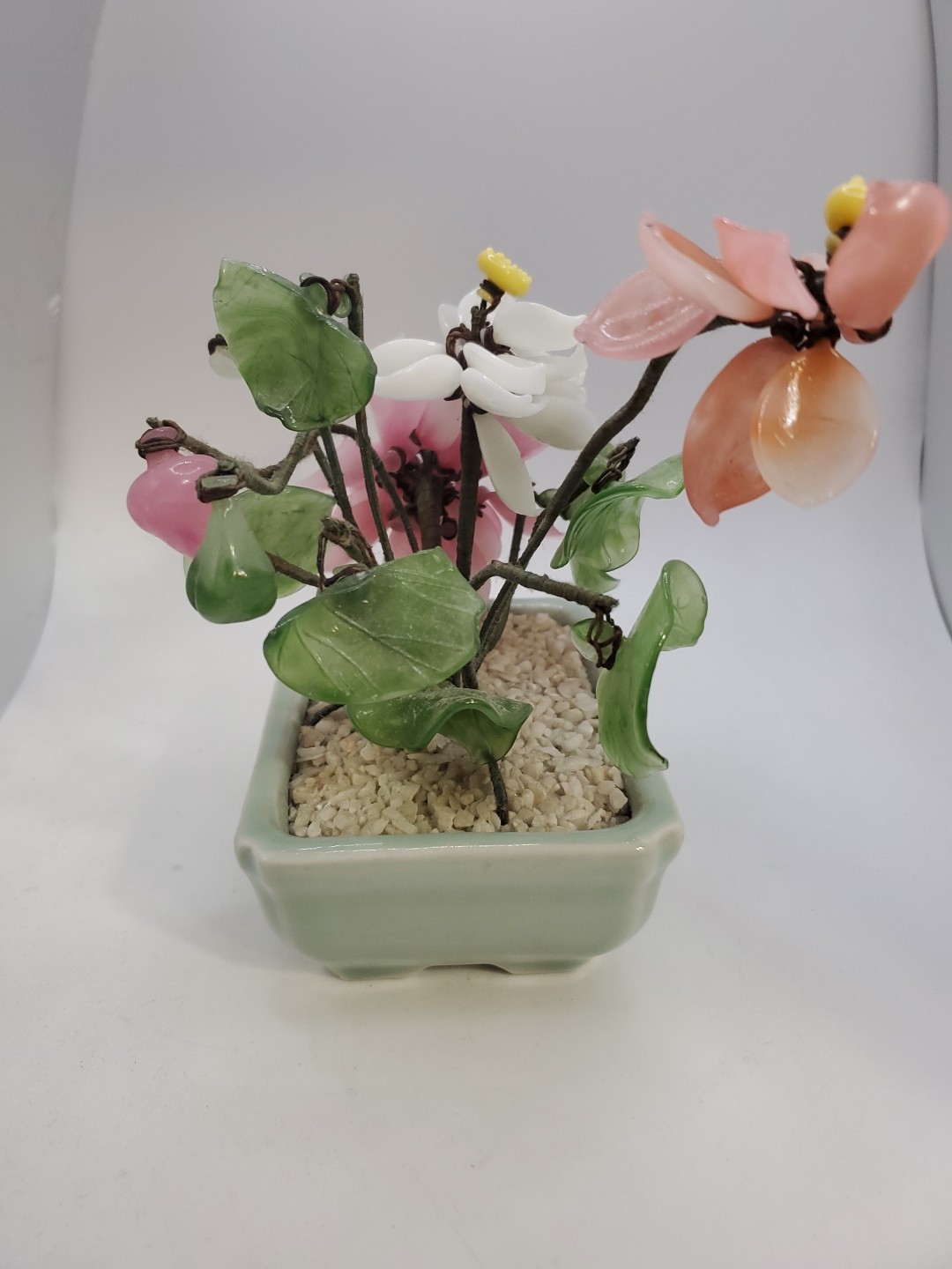 Vintage Glass & Jade Pink Flower Arrangement ~ Set Of 2