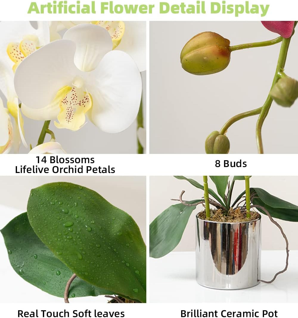 Elegant White Faux Orchid Arrangement in Ceramic Vase for Home & Office Decor