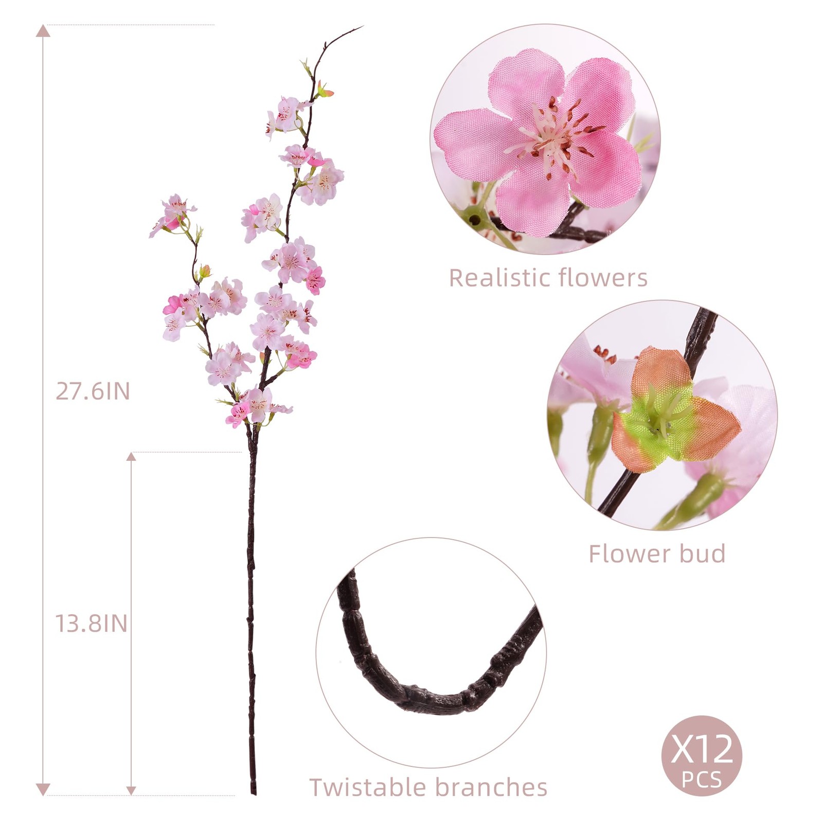 Artificial Cherry Blossom Branches 27.6In Silk Cherry Blossom Branches Long S…