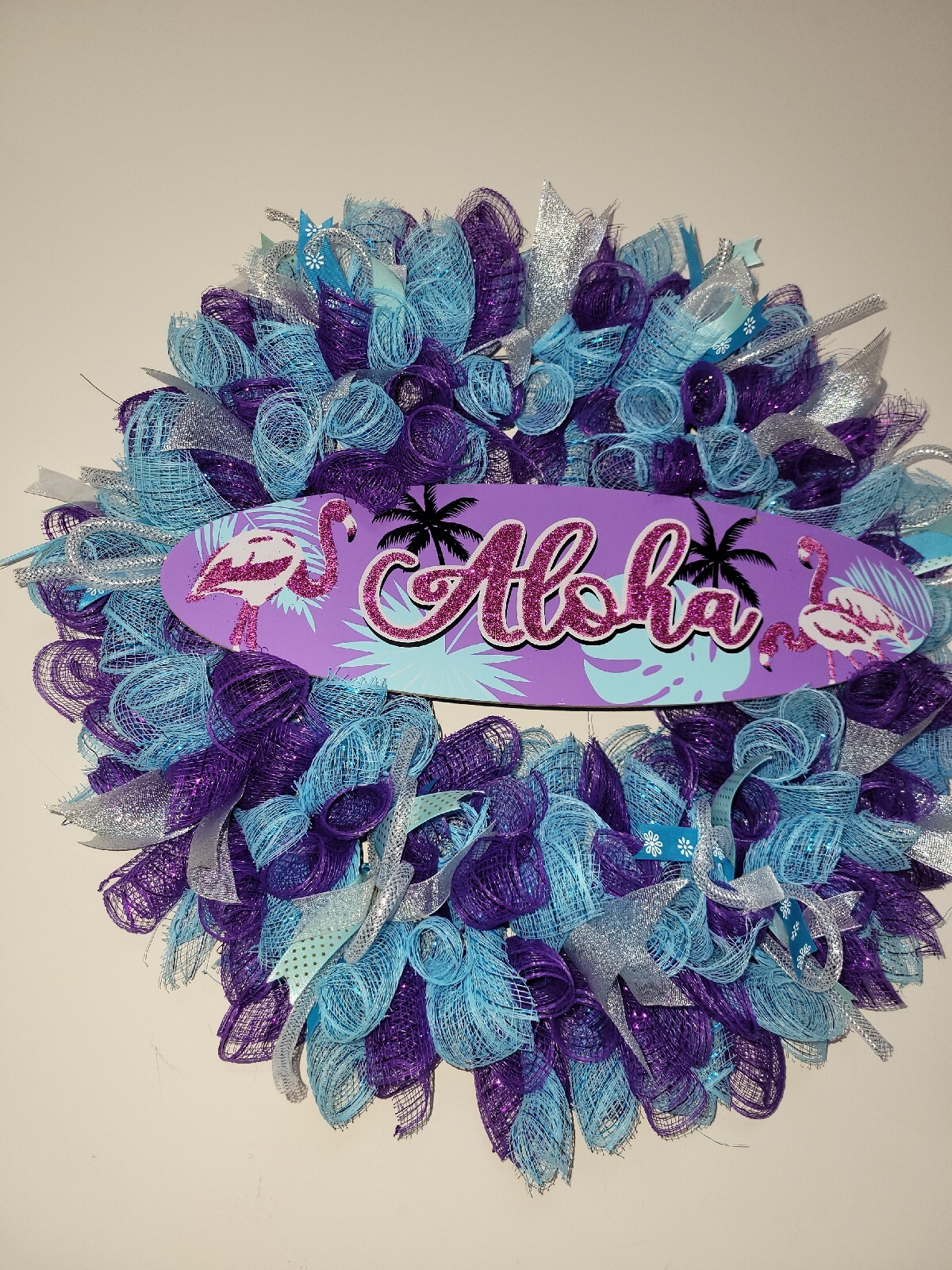 ALOHA Summer Spring Mesh Front Door Wreath Wall Decor BRIGHT Purple Pink Blue
