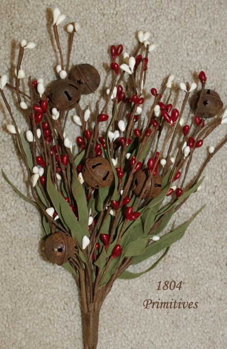 12″ Pip Berry Stem Bunch w/Rusty Tin BELLS – Red and Cream – Christmas Holiday