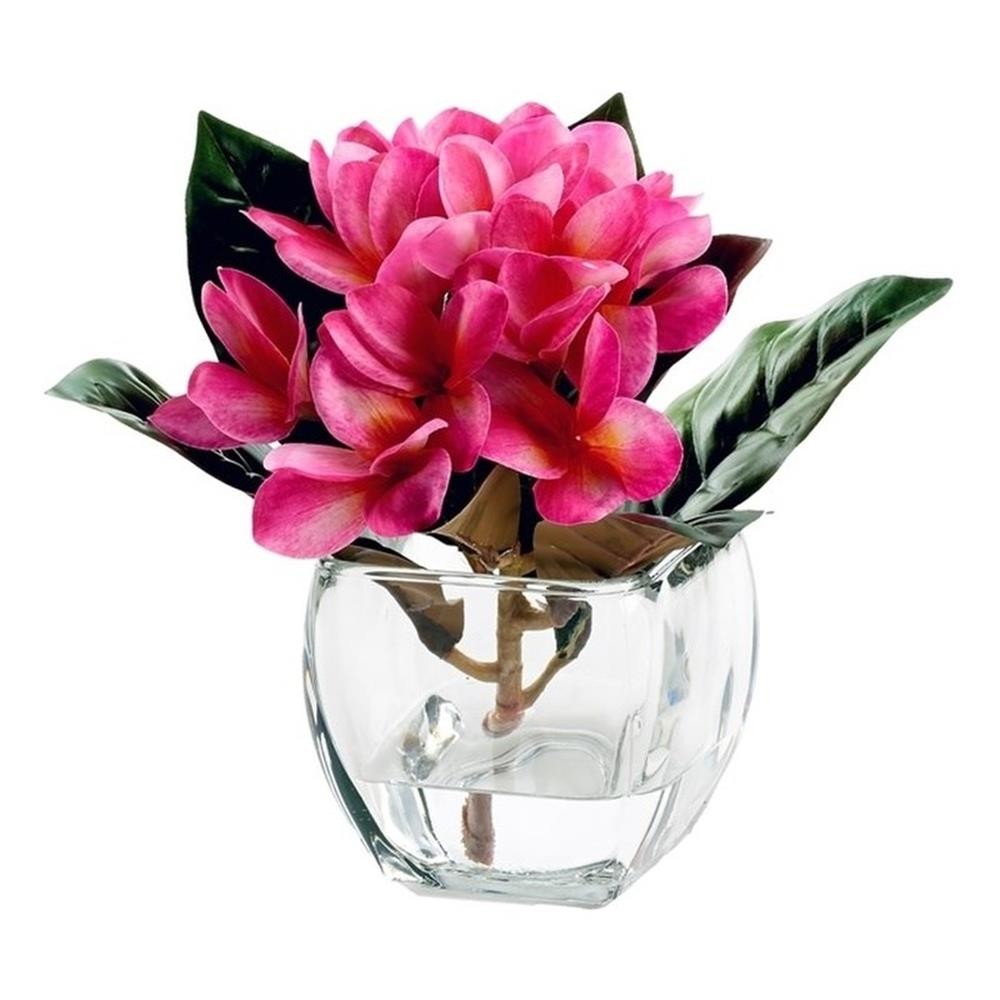 Pemberly Row Contemporary Beauty Frangipani in Glass Cube with Acrylic Water