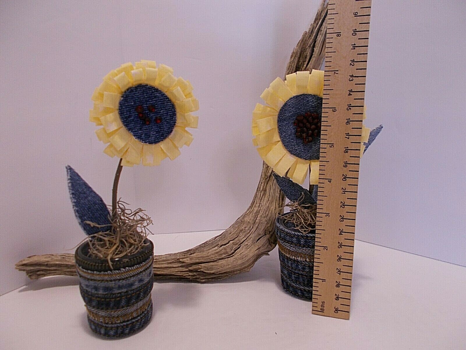 Fabric and Denim Sunflowers in Tiny Denim and Zipper Vases Set of 2 Handcrafted