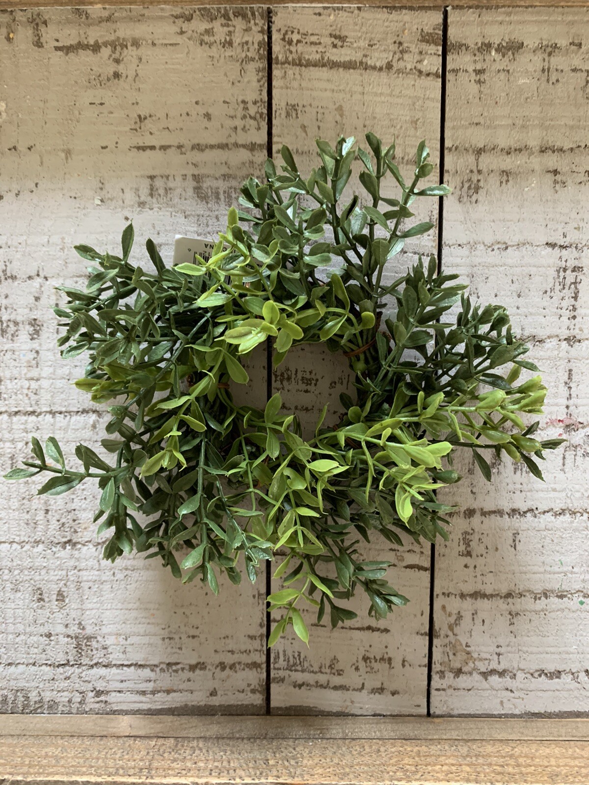 New England Boxwood Candle Ring Wreath – Faux 5” Farmhouse Decor