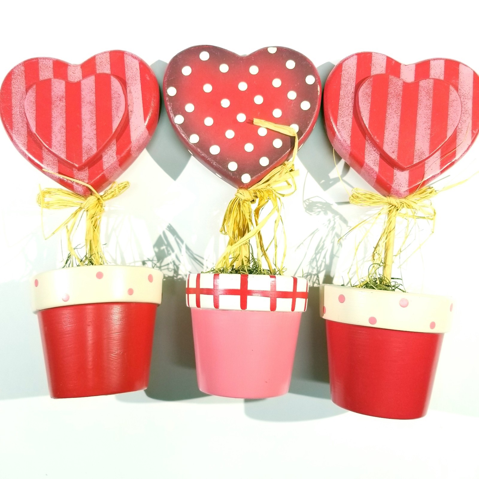 Lot of 3 Heart Topiary Decor Red Pink Polka Dot Striped Pots 9” Valentine Decor