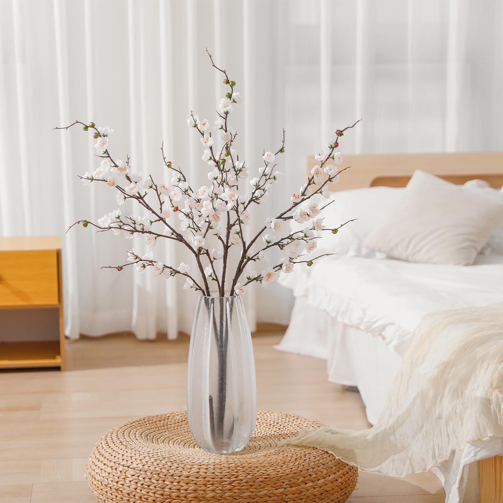 3 PCS Artificial White Cherry Blossom Branches 37.8″ Faux Silk Flowers
