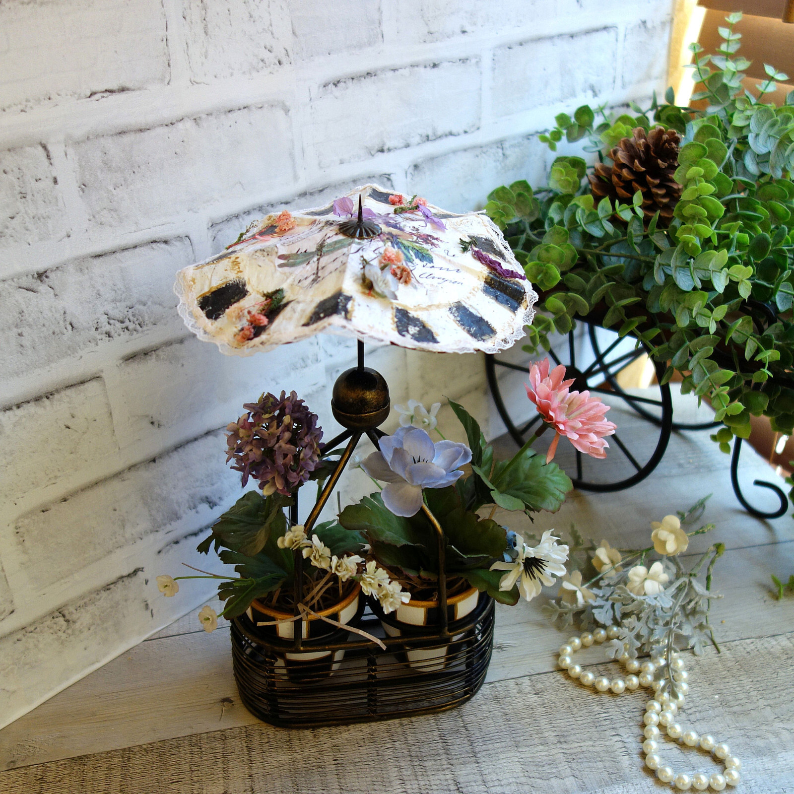 Black White Checked Flower Pot Floral Arrangement French Country Decor