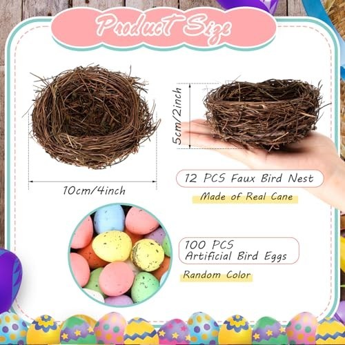 12 Pcs Mini Artificial Bird Nests with 100 Easter Eggs for Crafts & Decor