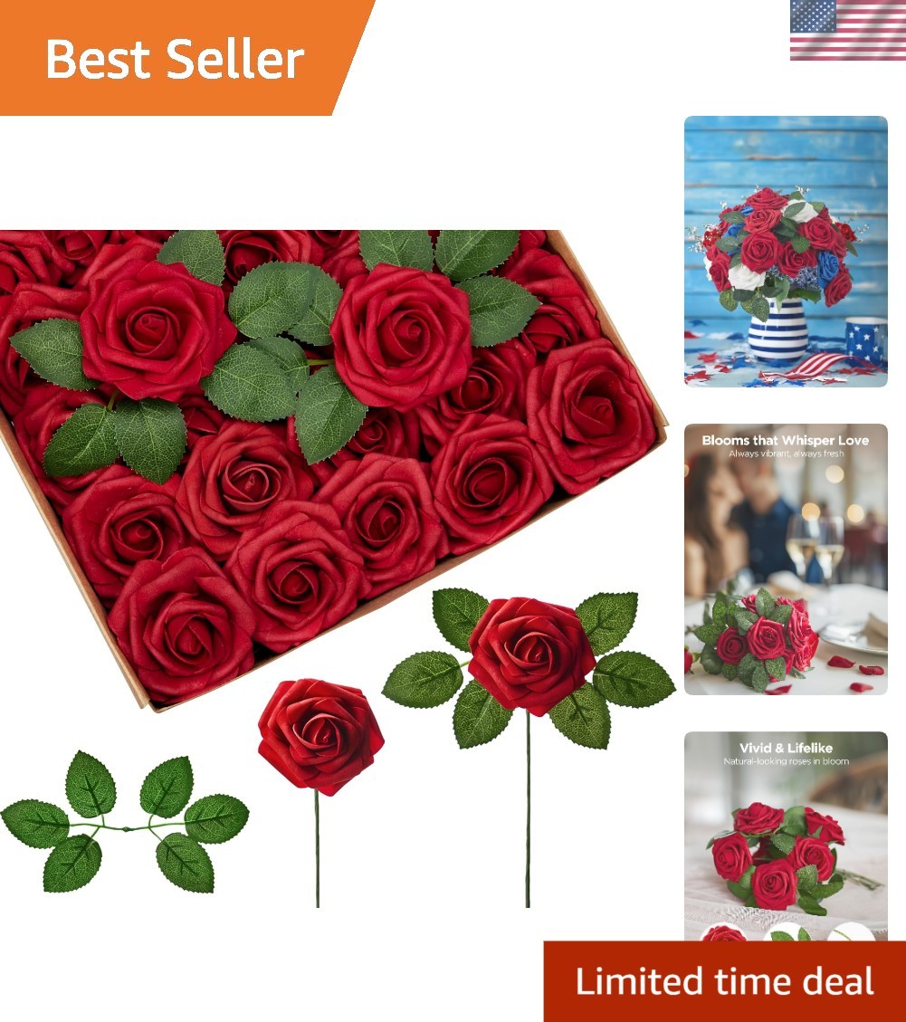 Elegant 50 Pcs Lifelike Foam Roses in Dark Red for Weddings & Celebrations