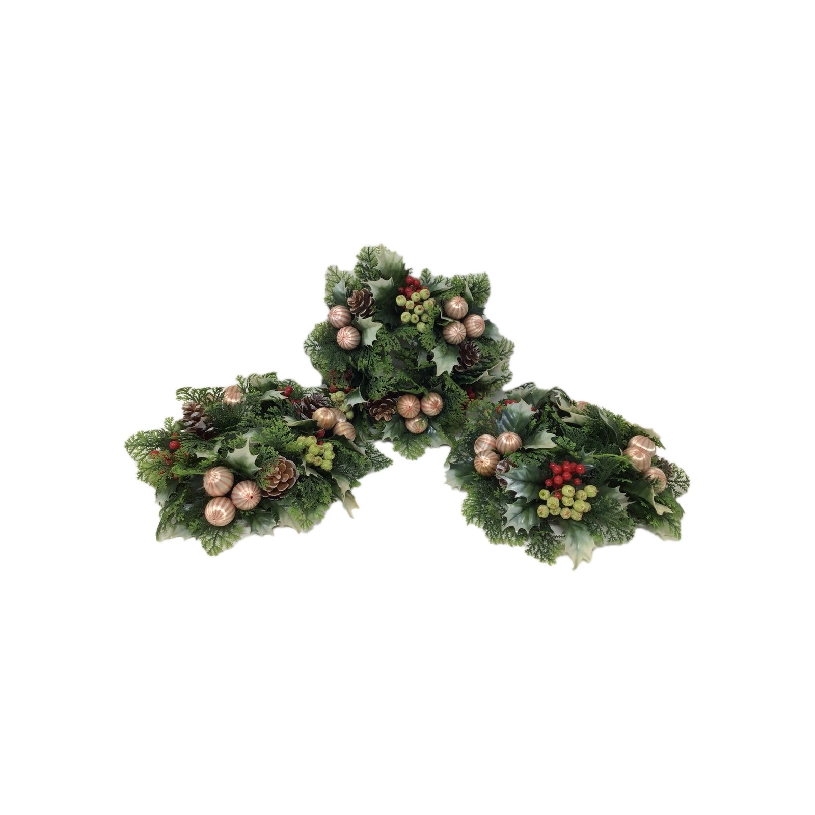 Christmas Wreath Ring Plastic Set Of 3 Berries Holly Bulbs Greens Vintage