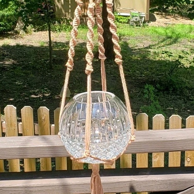 MCM Bohemian Clear Cut Crystal Rose Bowl & Brown Macrame Plant Hanger SET