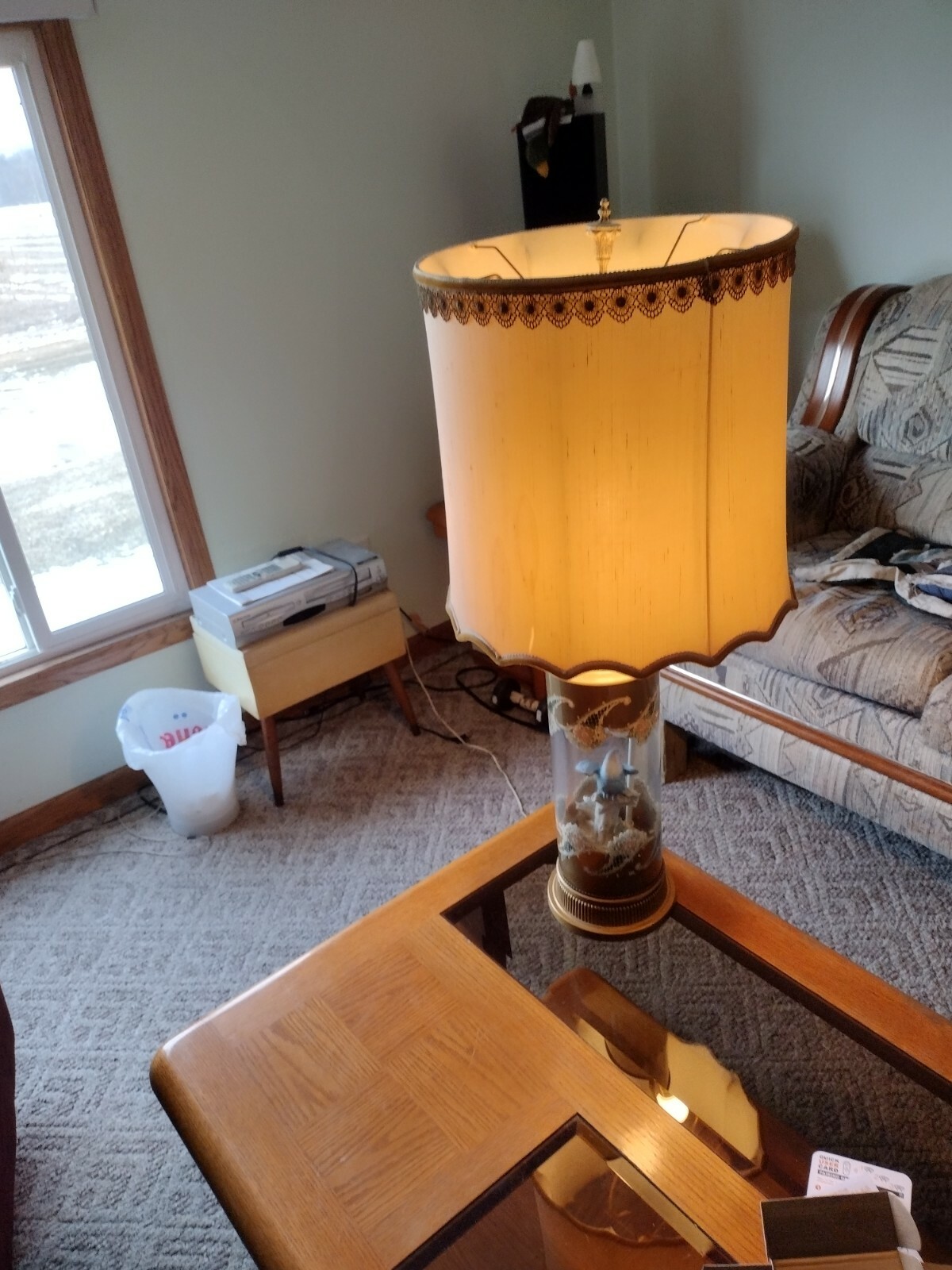 Vintage Antique Glass Lamp Decorated Floral and Bird inside 36″ tall SEE SEE