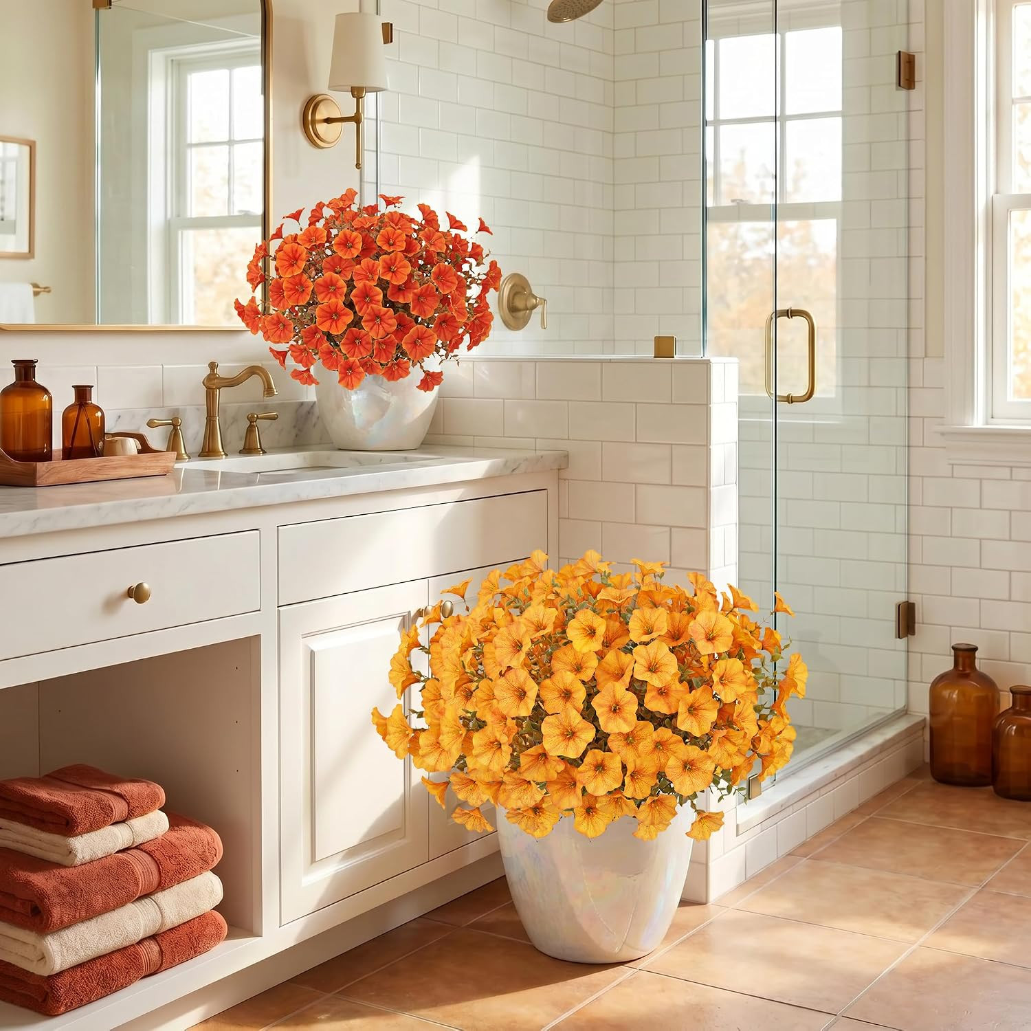 24 Pcs Artificial Fall Flowers for Outdoors Decor, Mixed Orange | Realistic Morn