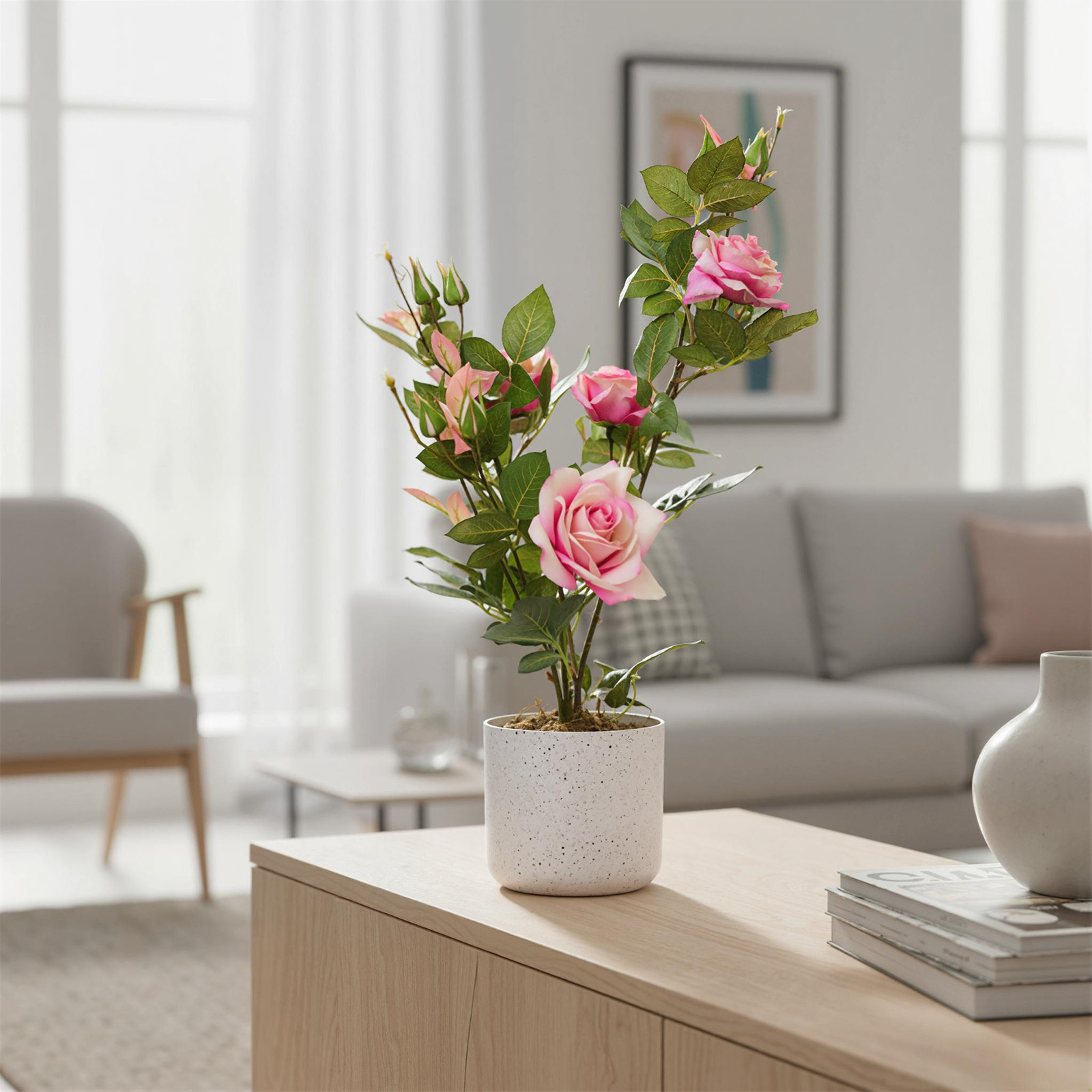 21.6″ Artificial Rose Plant in Pot 1 Pot w/2 Faux Flowers Lifelike Indoor Décor