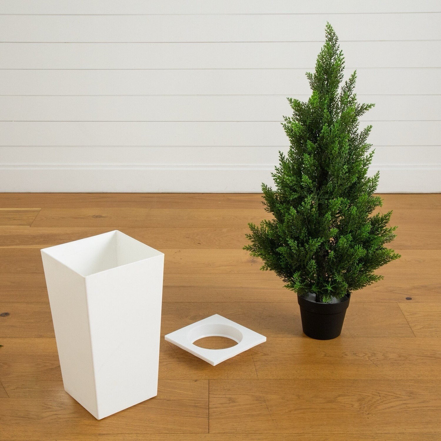 45″ UV Resistant Artificial Cedar Tree in White Planter Indoor/Outdoor