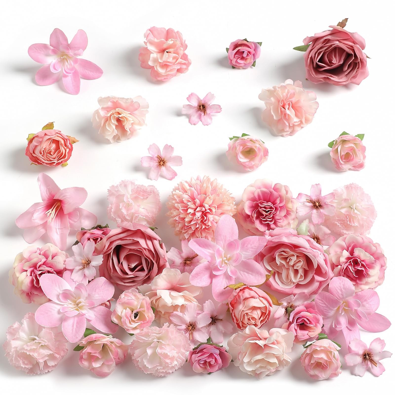Pink 48 PCS Fake Flower Heads Silk Roses Peonies Daisies Crafts Bulk