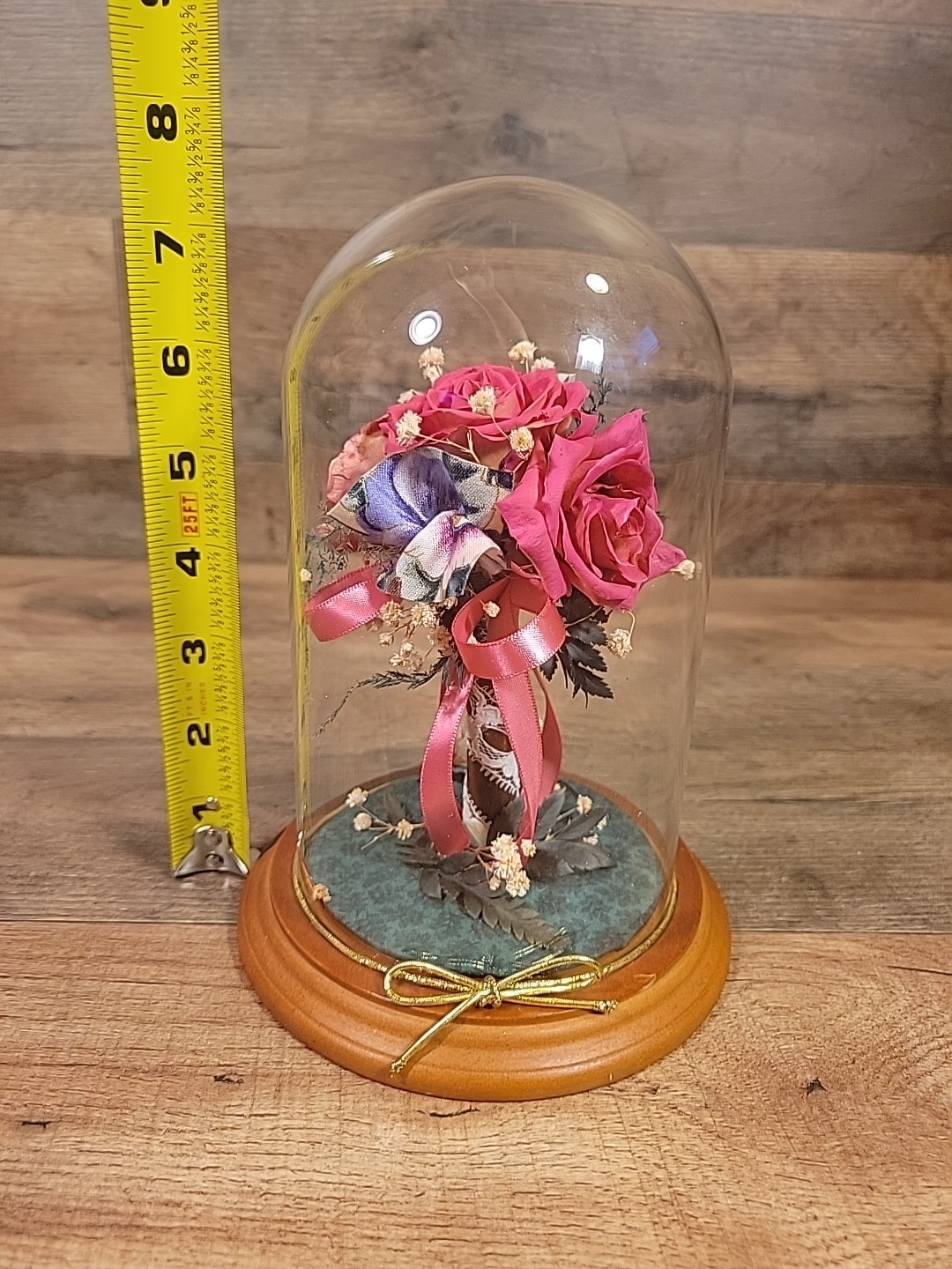 NATURAL EXPRESSIONS Freeze Dried Rose Topiary Under Glass Dome On Wooden Base.