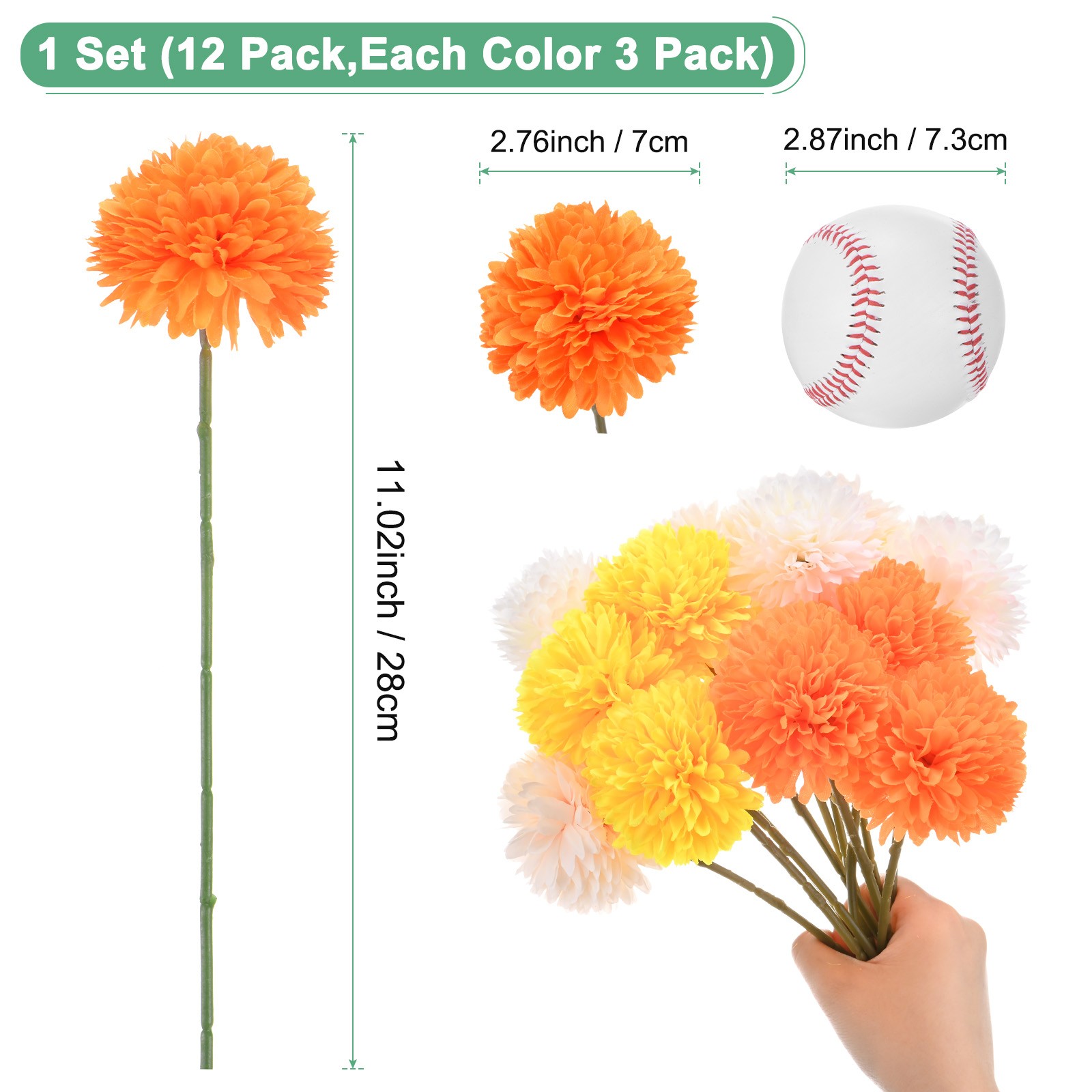 12-Pack Artificial Chrysanthemum Ball Flowers White,Champagne,Yellow,Orange