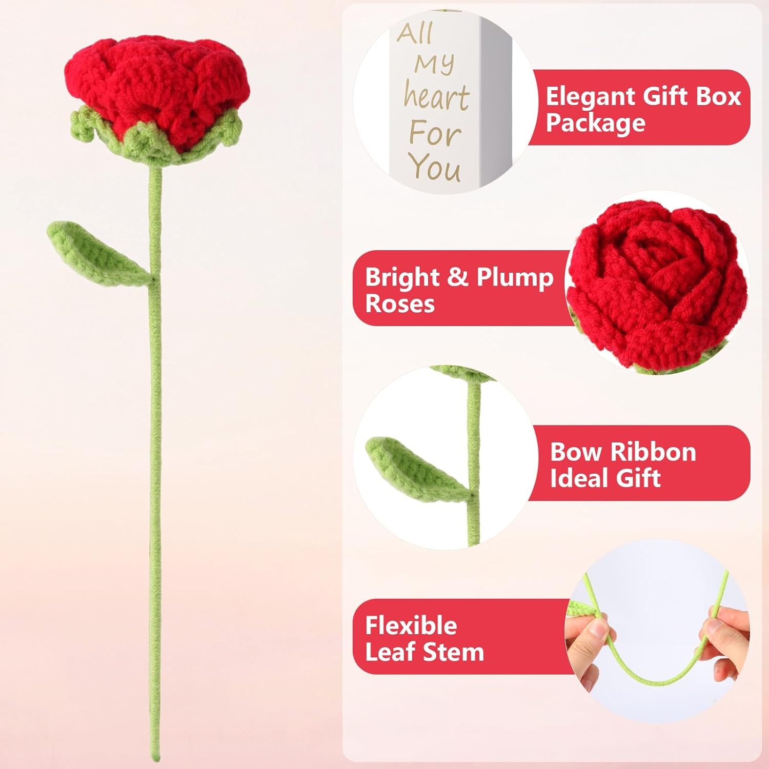 Handmade Crochet Red Rose, Knitted Bouquet Rose, Artificial Rose for Girl, Perfe