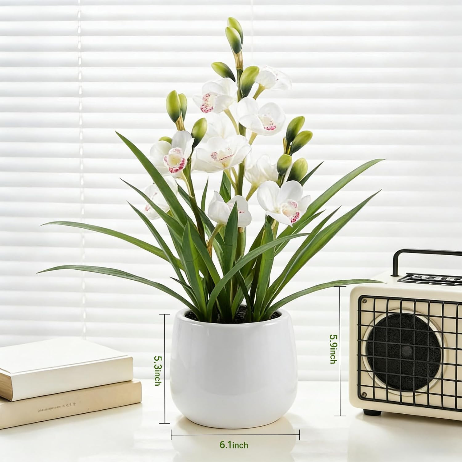 Fake Orchid Plant 19″ Tall, Realistic Touch Leaves, Potted Cymbidium Artificial