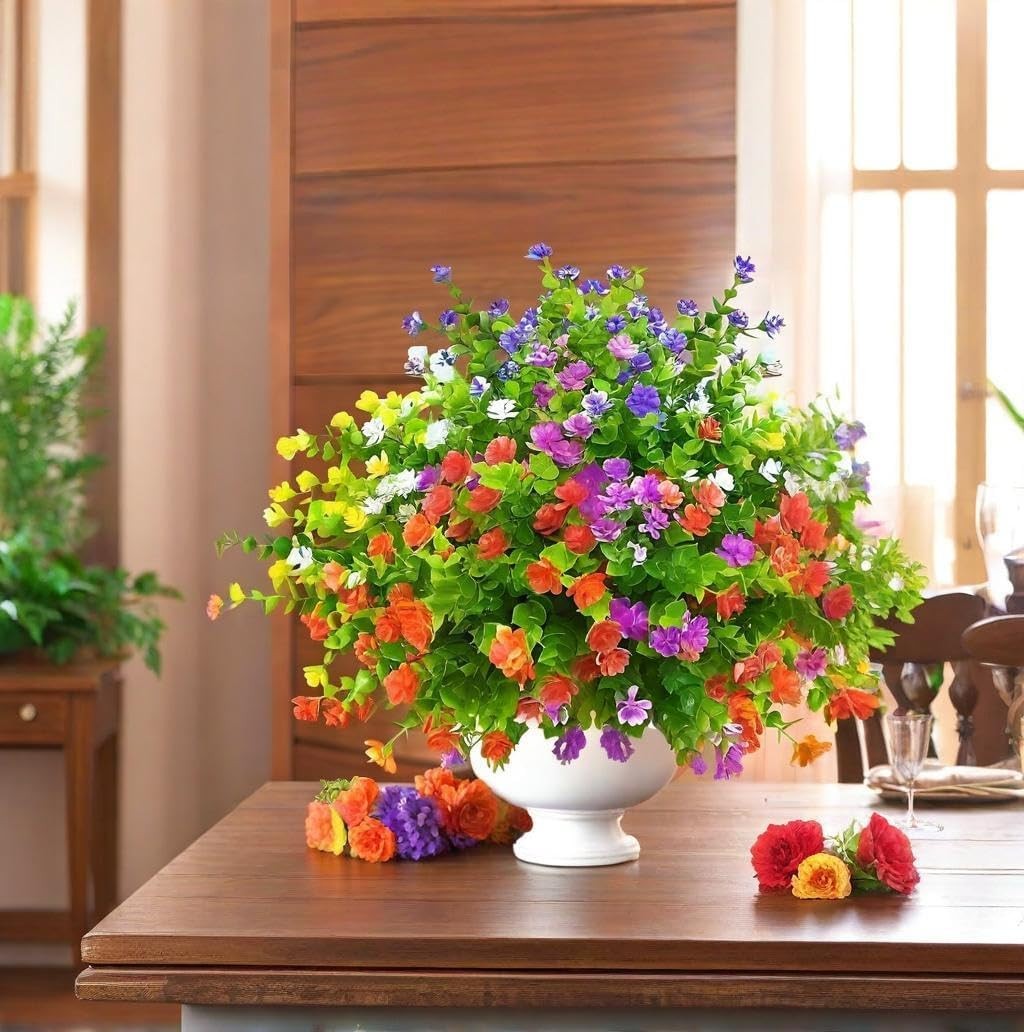 12Bundles Outdoor Artificial Flowers Mix-Colored Faux Greenery Plants Home Decor