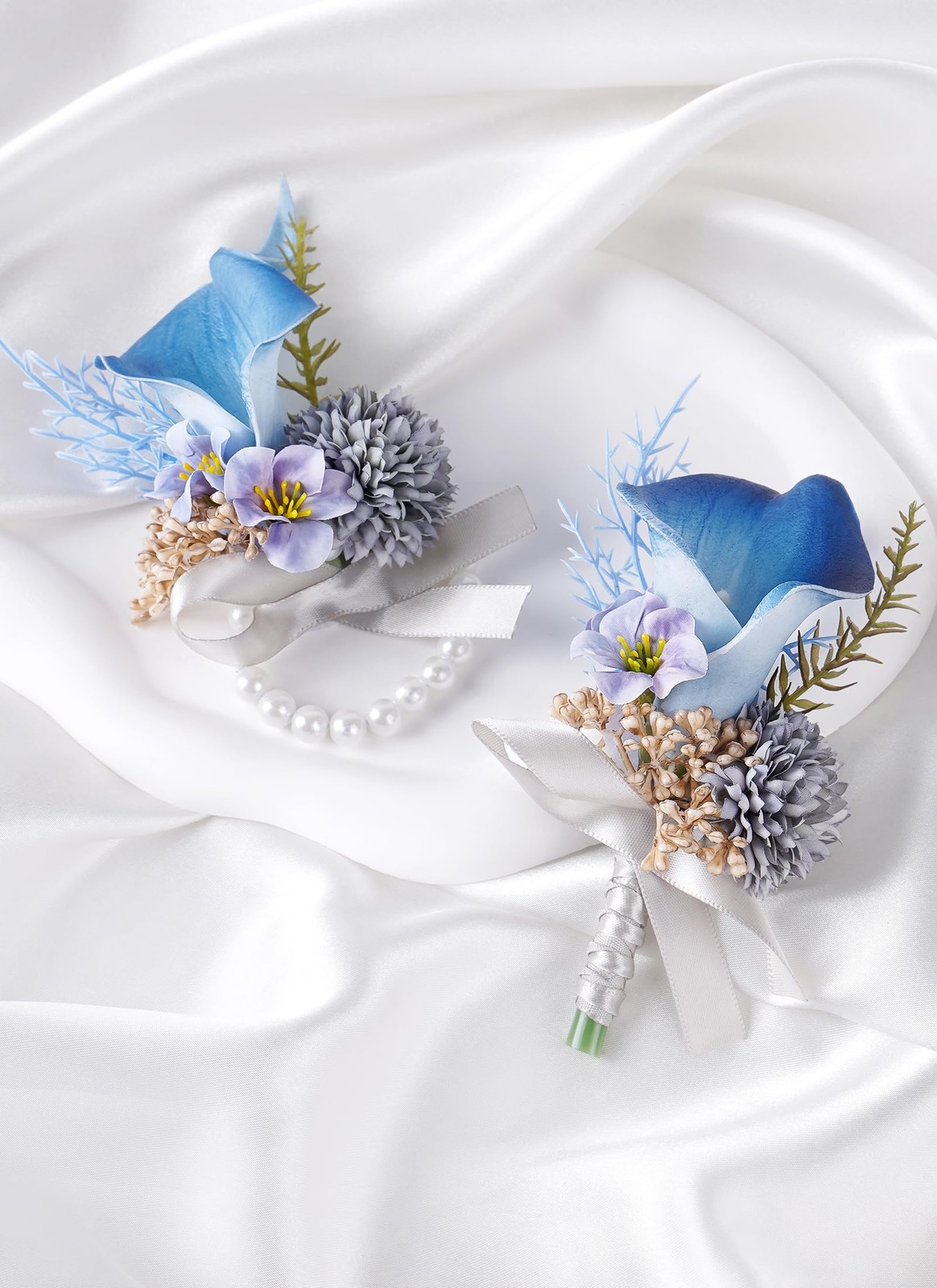 2 PCS Blue Boutonniere, Corsage Wristlet Set, Artificial Flowers, Wedding, Prom
