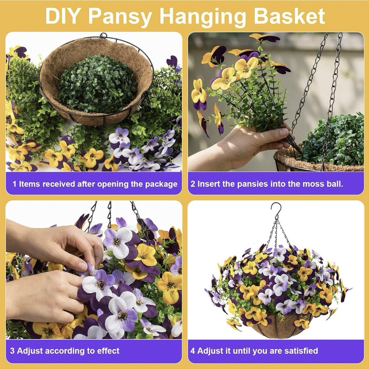 2 Set Artificial Outdoor Pansy Flowers with Hanging Baskets, 2 Hanging Baskets w