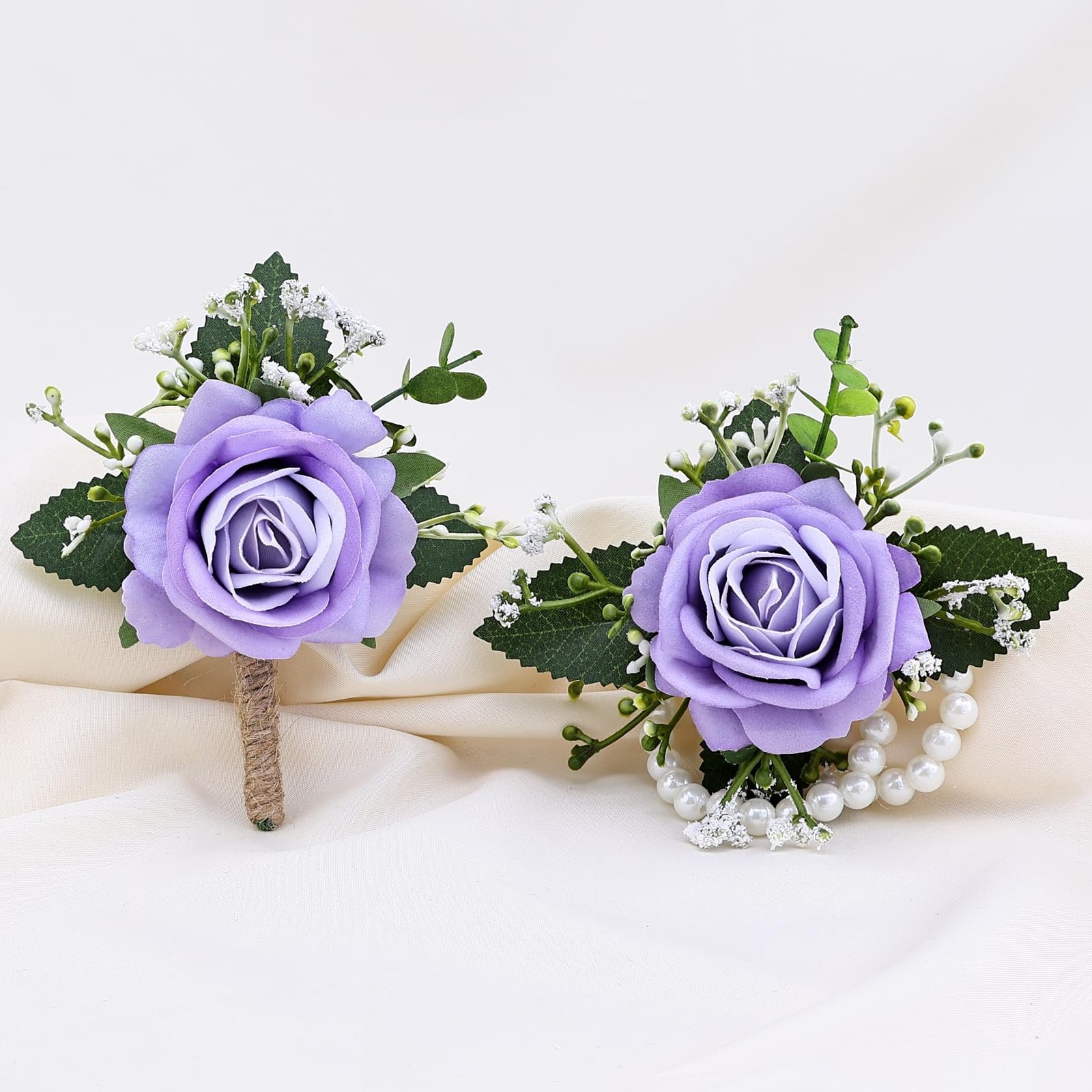 2Pcs Purple Wrist Corsage and Men Boutonniere Set, Artificial Flower Wristlet…