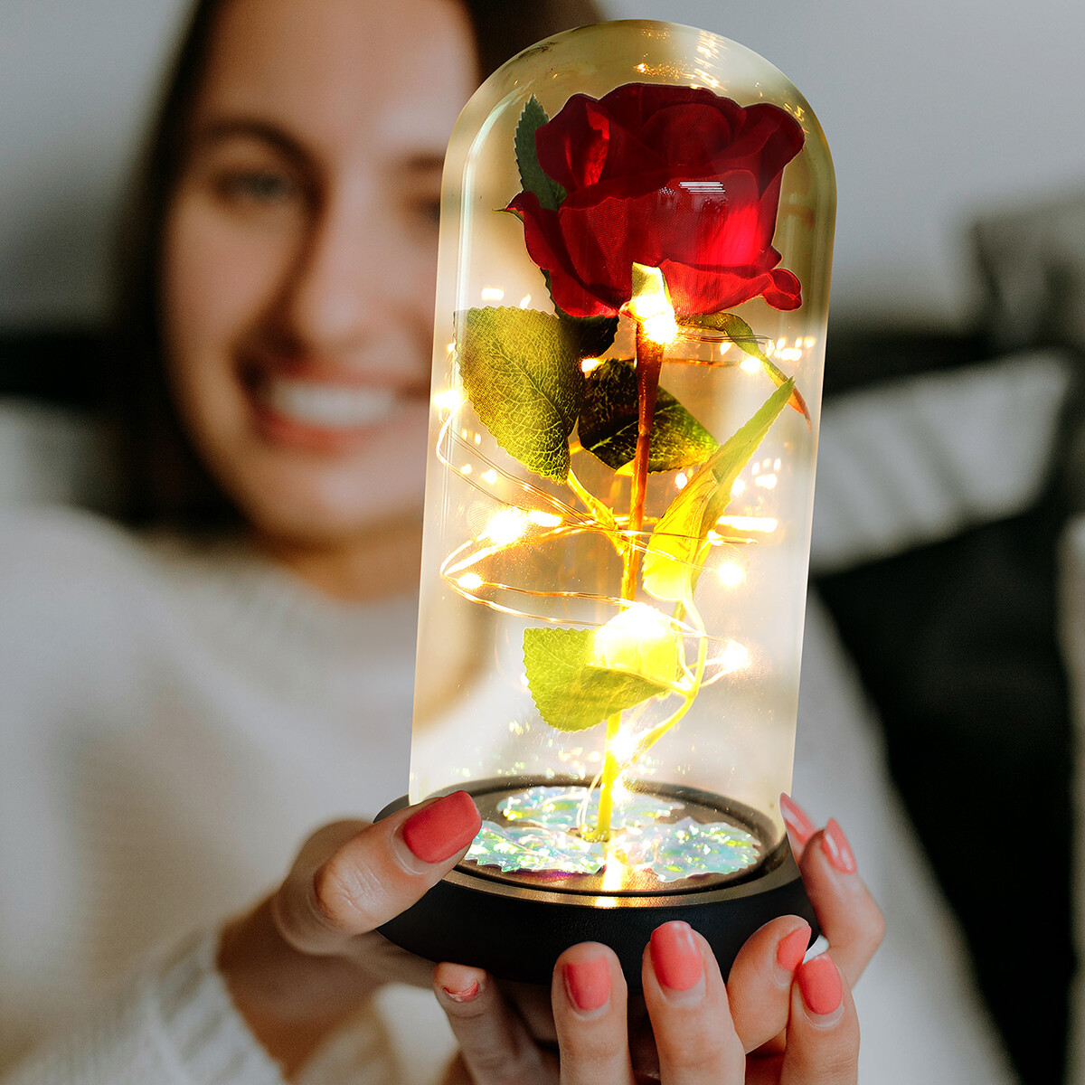 Crystal Galaxy Rose Flower Glass Dome 20 LED Lights Gift for Girlfriend Mom Wife