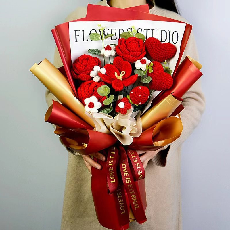 Completed Hand Knitted Crochet Flowers Bouquet Sunflower Daisy Lily Tulips Carna