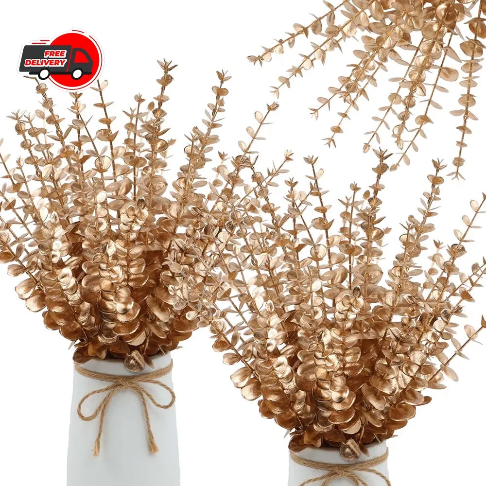 5PCS Gold Artificial Eucalyptus Eucalyptus Branch Stems Wedding Home Greenery De