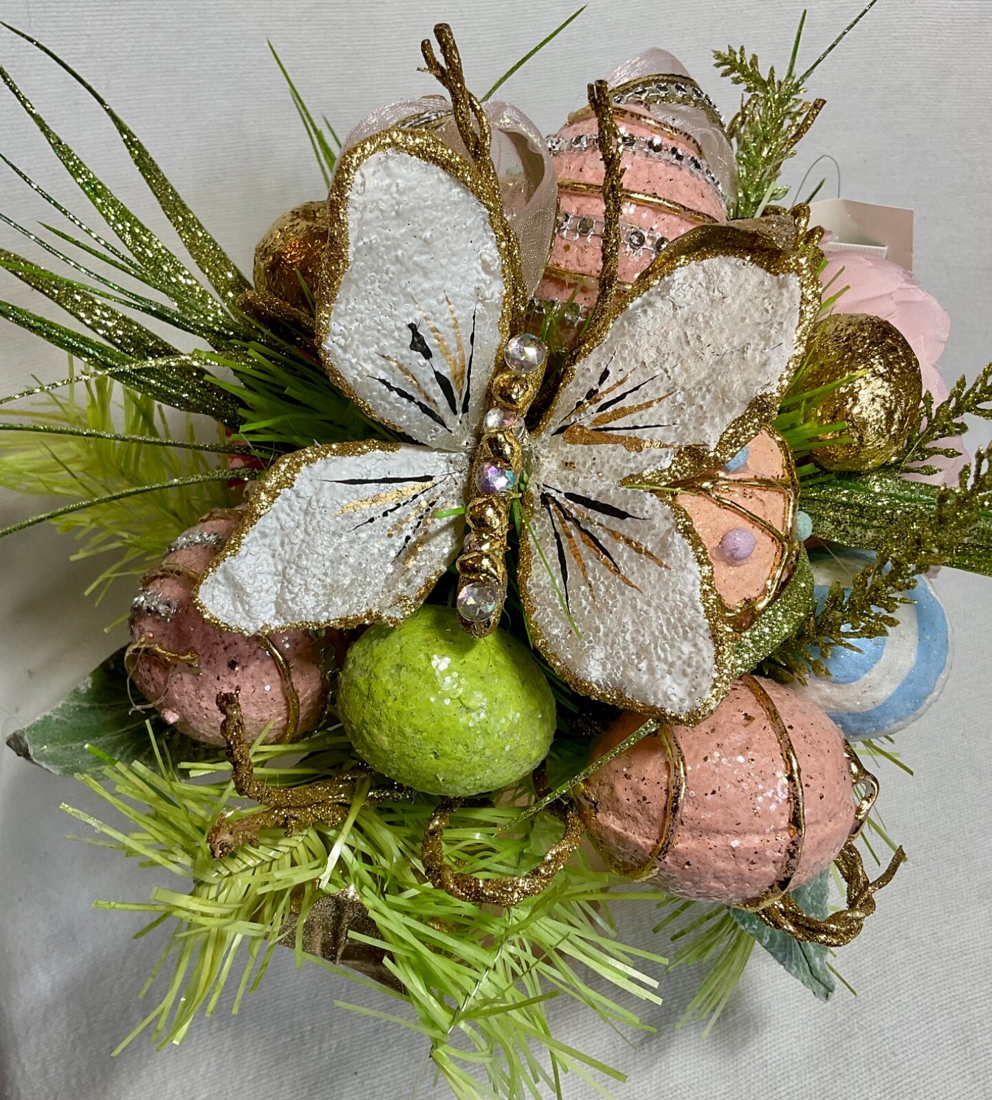 EASTER SPRING EGG FLOWER BUTTERFLY CAPIZ ARRANGEMANT 11 INCHES TALL PASTEL NWT
