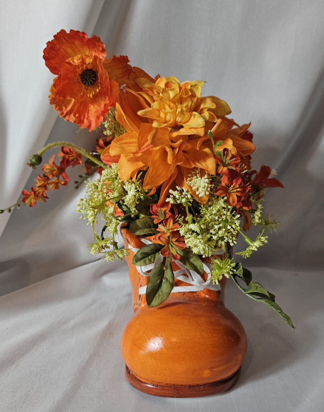 Autumn Themed Boot Ceramic Vase with Autumn Floral Arrangement