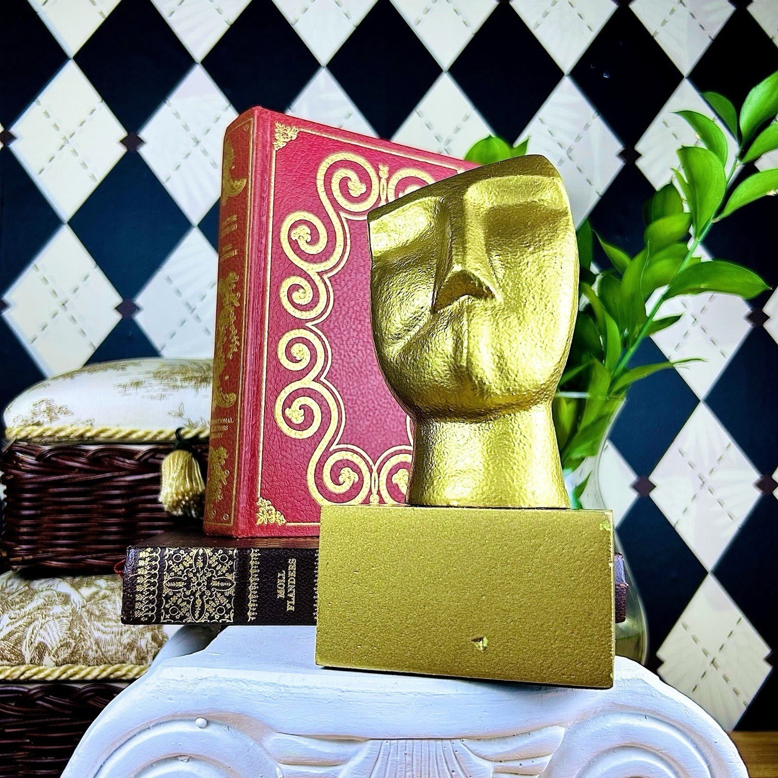 Golden Abstract Face Sculpture Modernist Hollywood Regency Décor