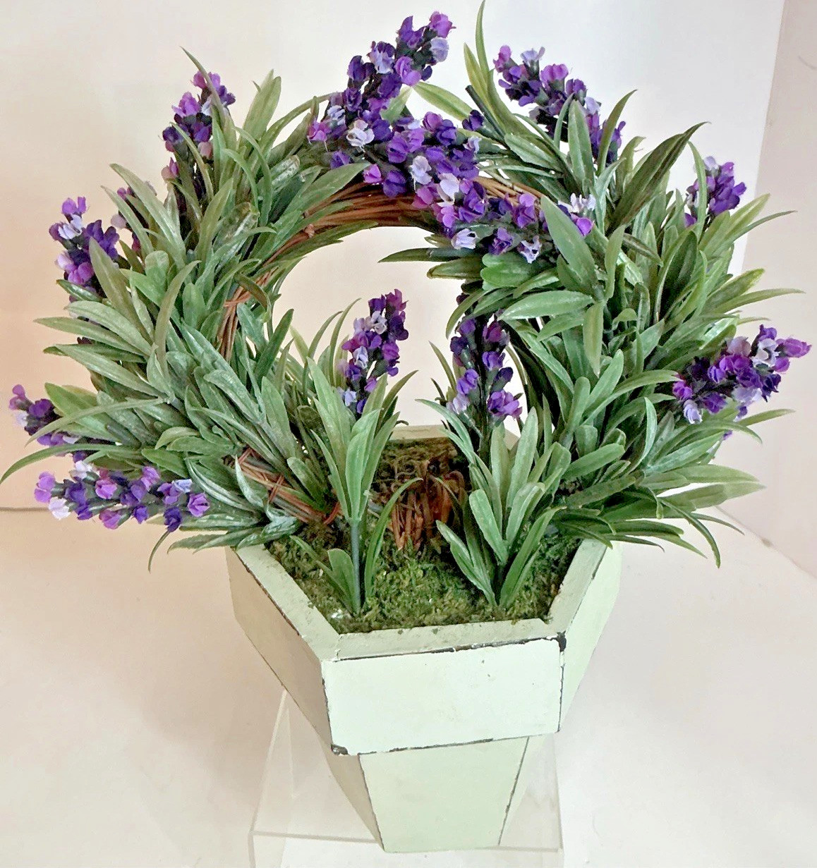 Artificial Lavender Topiary Plant 11×10 In White Wooden Pot Farmhouse Decor