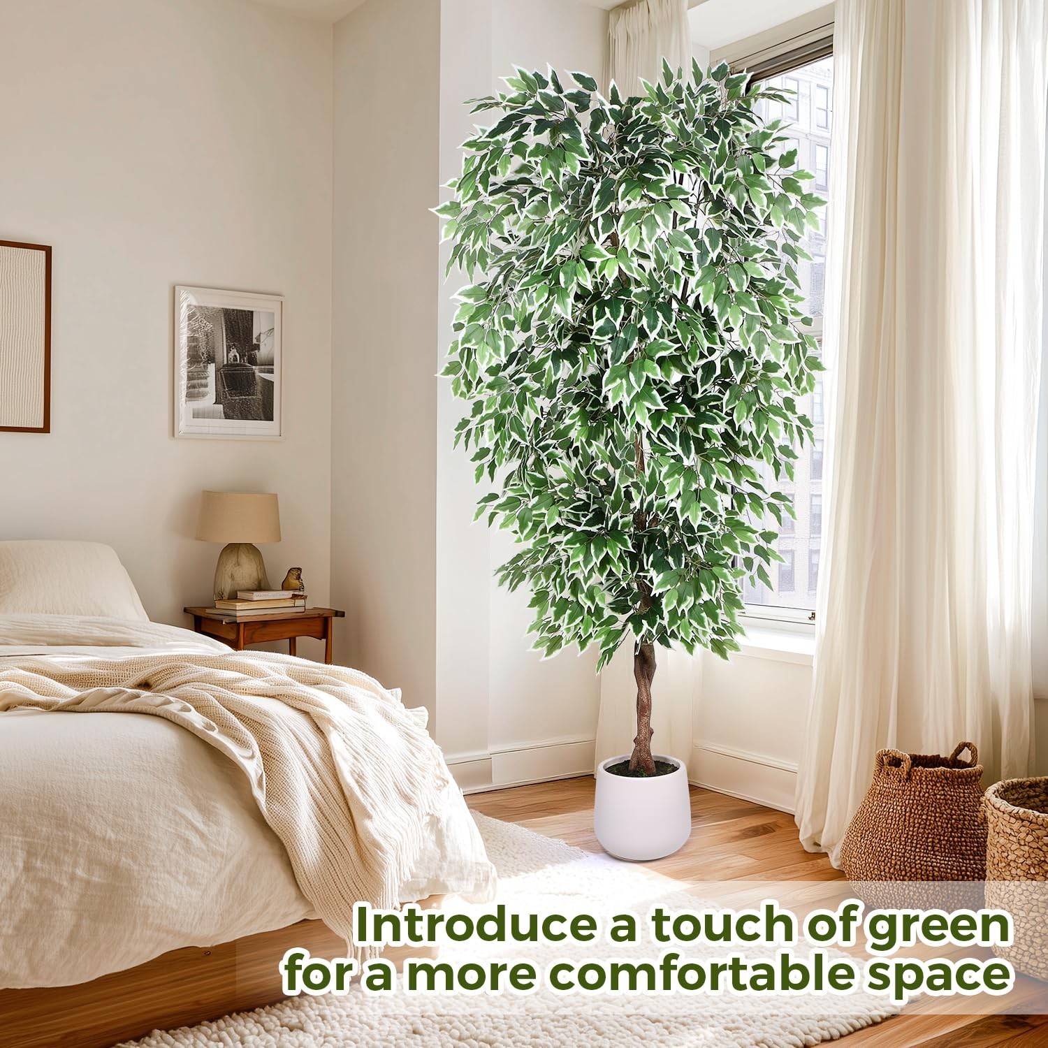 Jocoevol 7FT Artificial Ficus Tree with White Planter, Dried Moss, Natural Silk