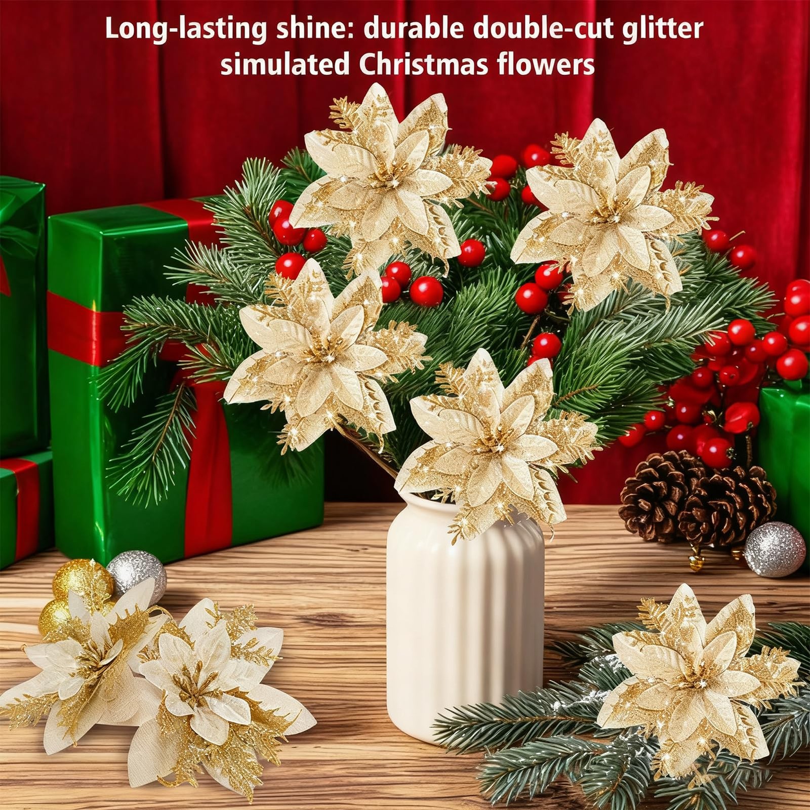 24 PCS 5.9 Inch Christmas Artificial Poinsettia Flowers Glitter Clips Gold