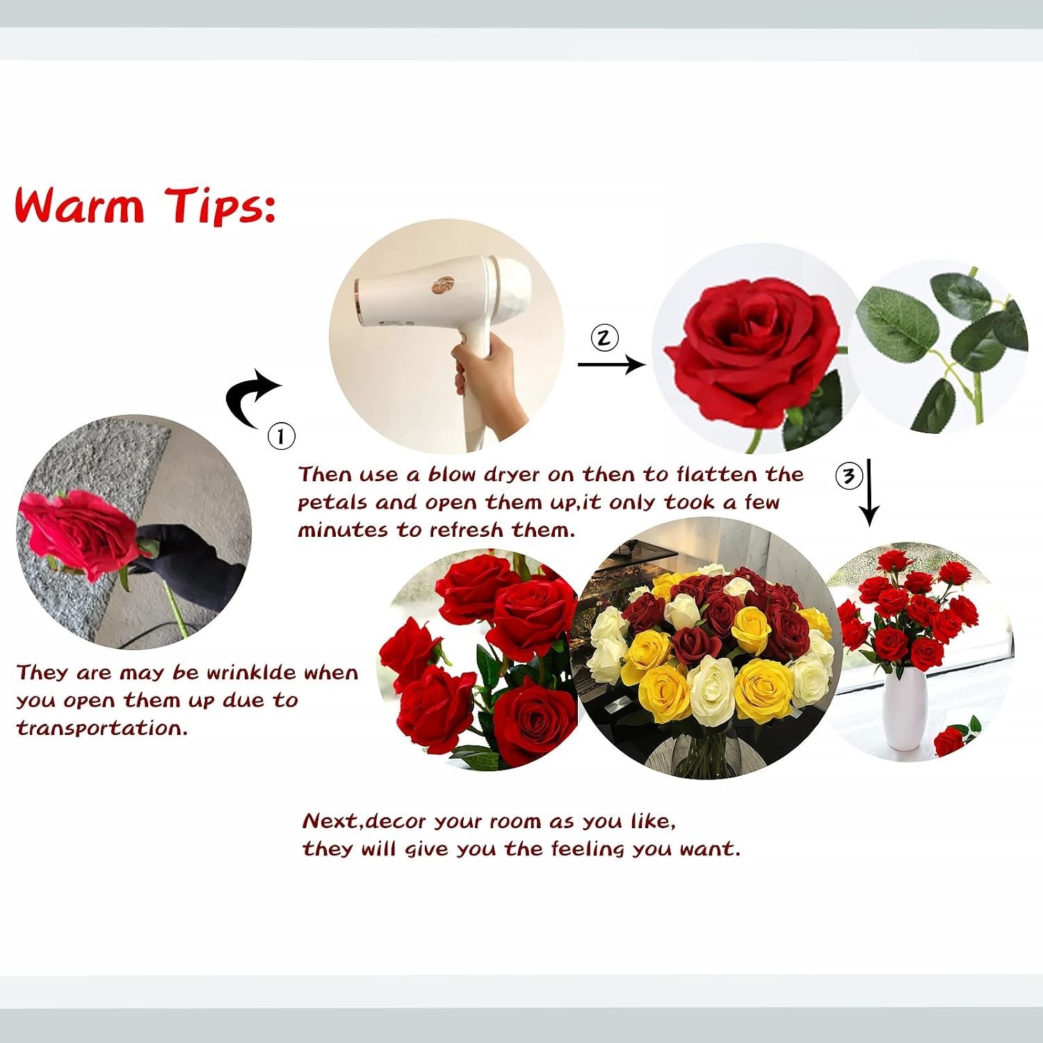 Realistic Red Roses 12PCS Silk Flowers with Bendable Stems for Home Decoration