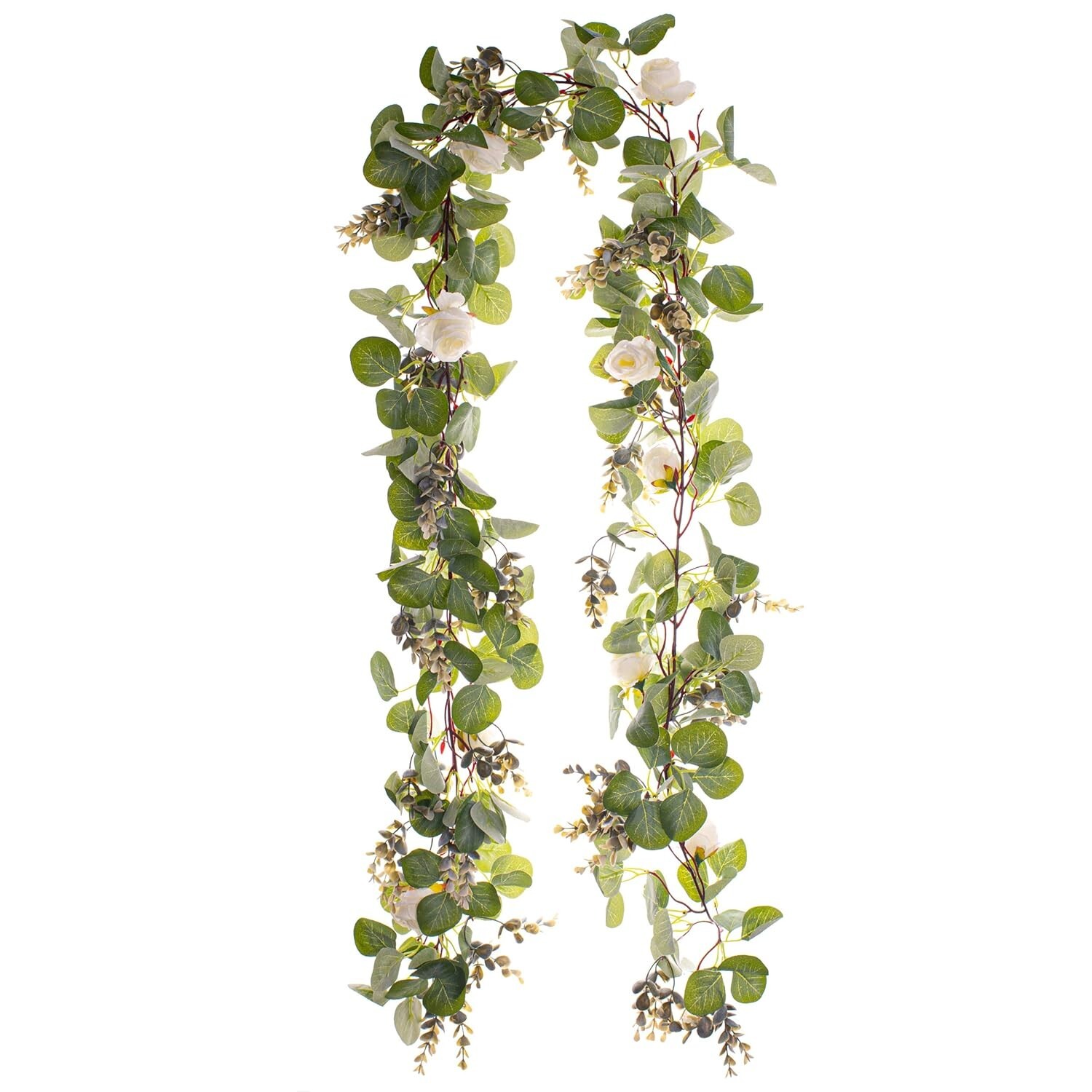 Faux Eucalyptus Garland (6.5ft) – Natural-Looking Green Leaves and White Rose Fl