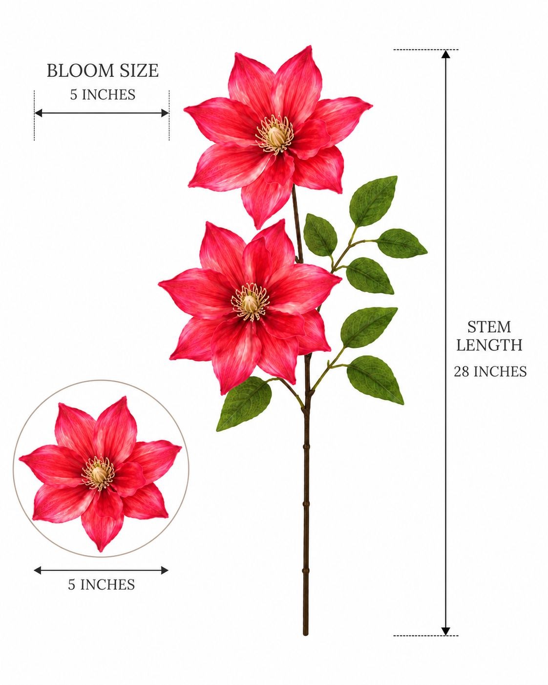 Coral Red Clematis Stem Faux Flower Spray 28 Inch Floral Stem Artificial Bloom P