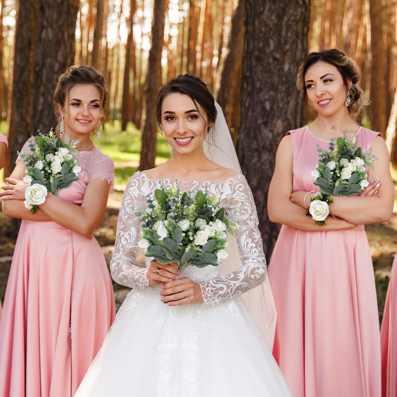 Set of 6 Bridesmaid Bouquets with White Roses and Eucalyptus Stems for Weddings