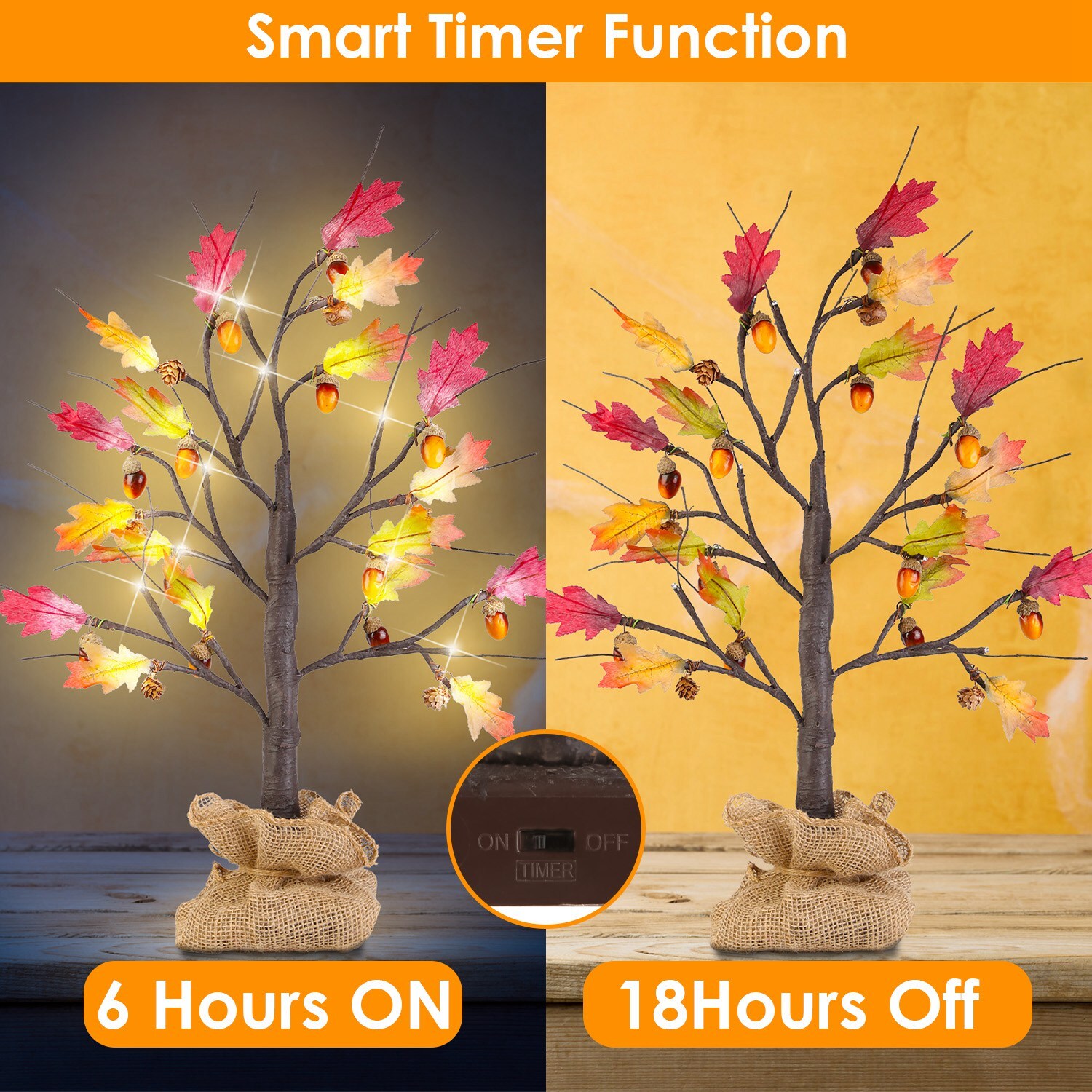 2PACK 24″ Artificial 24 LED Lighted Maple Tree Fall Decorations Timer Function