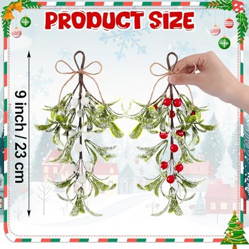 6 Pcs Christmas Mistletoe Decor Artificial Mistletoe 9 Inch Green, White, Red