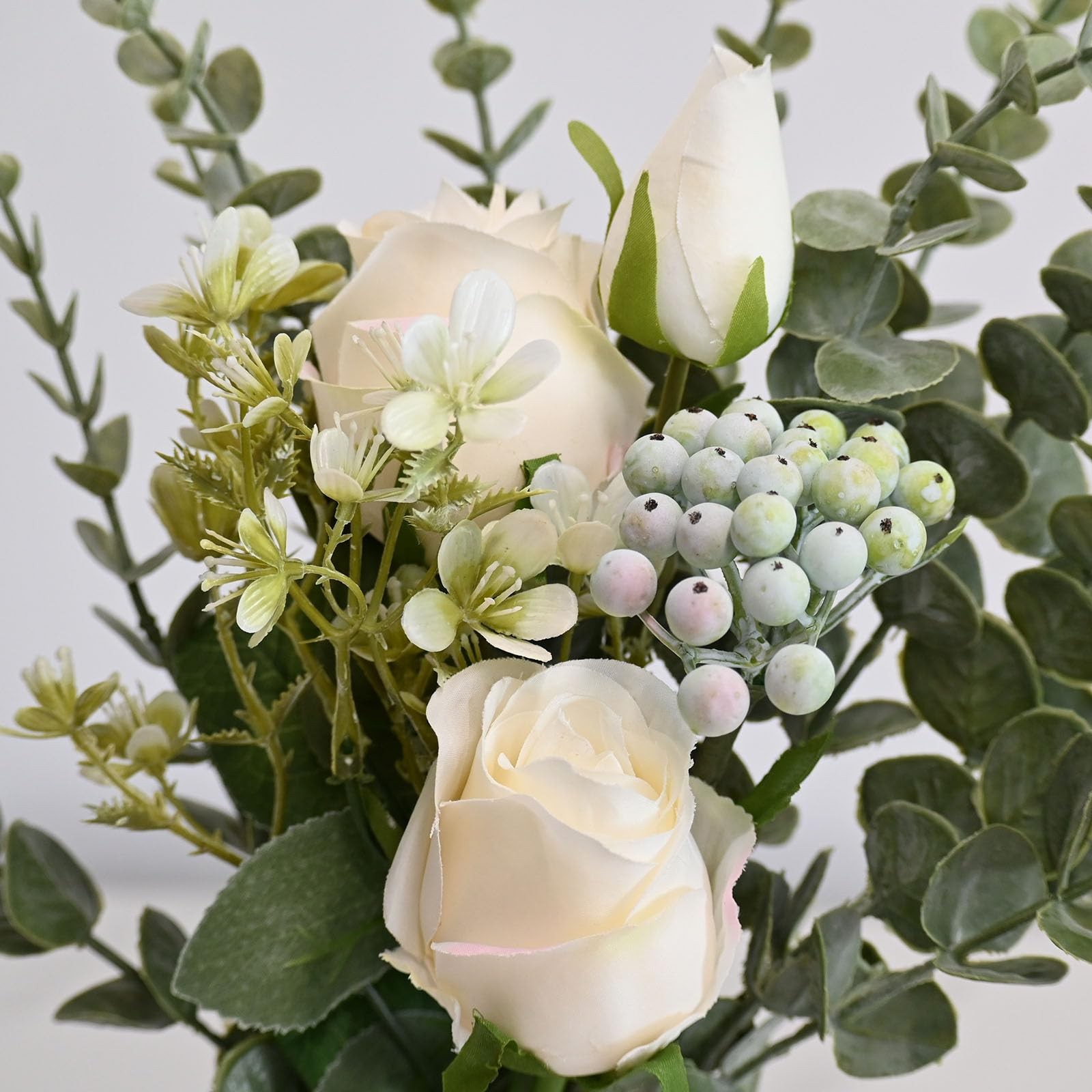 Artificial White Rose Flowers with Glass Vase, Faux Eucalyptus Stems and Berr…