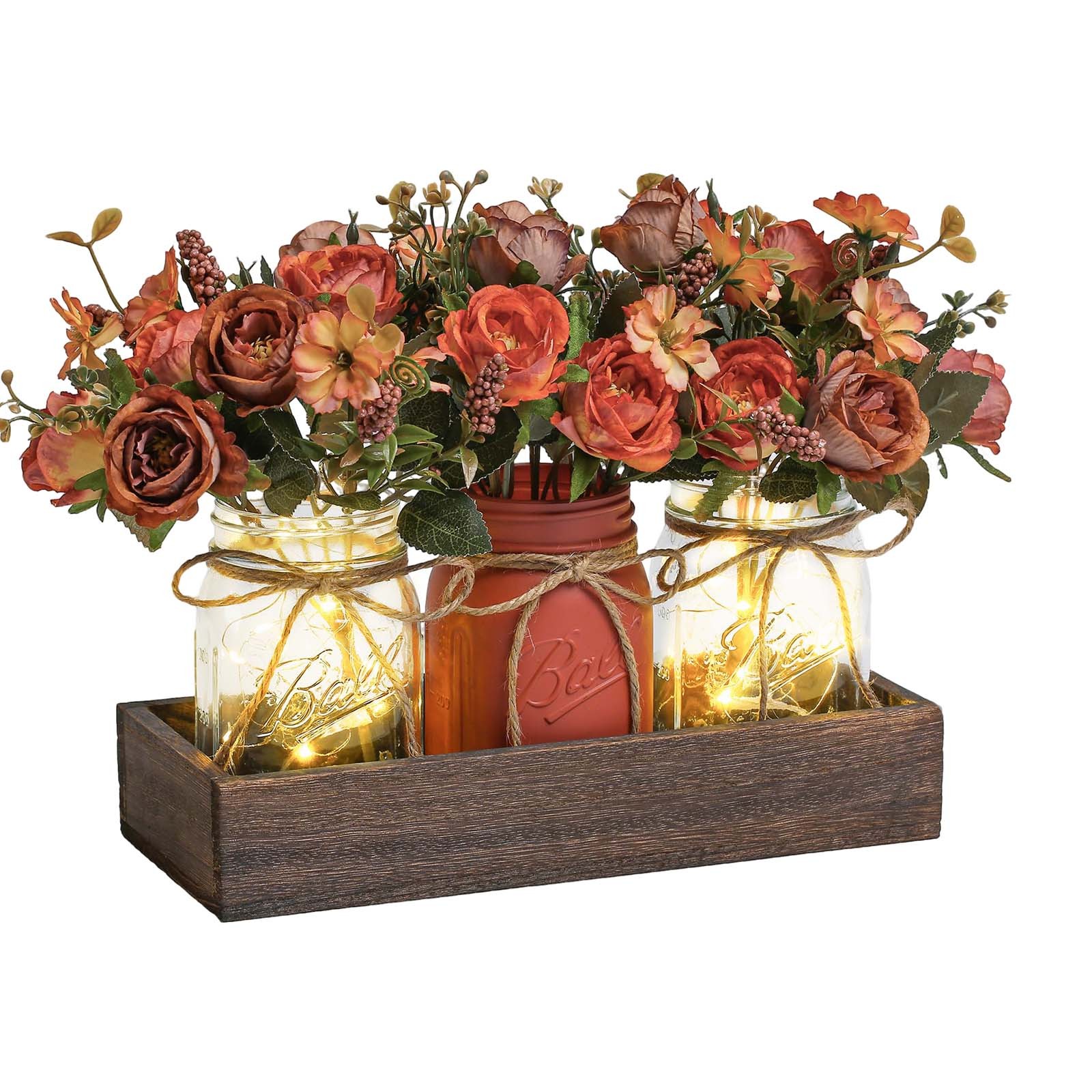 3-Piece Set Mason Jar with Artificial Flowers Rose Centerpiece Table Decoration