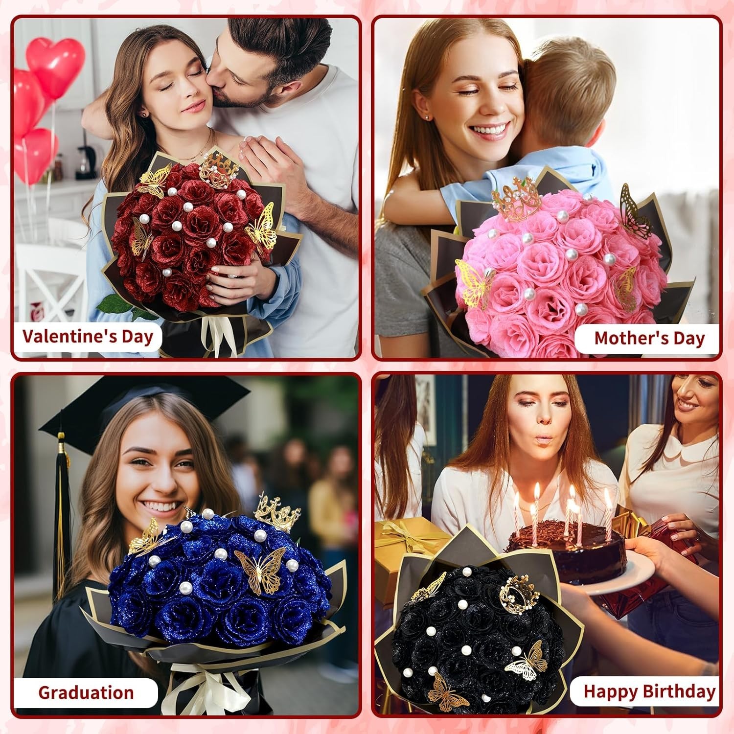 Red Glitter Roses Bouquet DIY Fake Flowers Bouquet Everlasting Shiny Artifici…