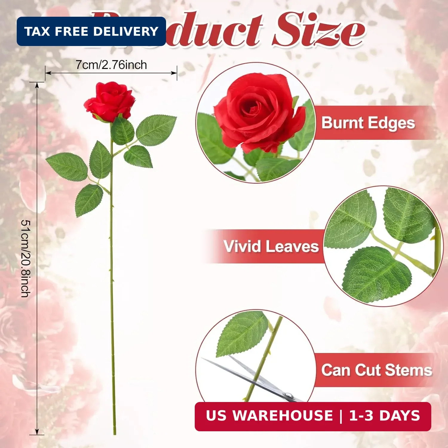 36 Pcs Red White Pink Artificial Roses with Long Stems, Fake Silk Rose Artificia