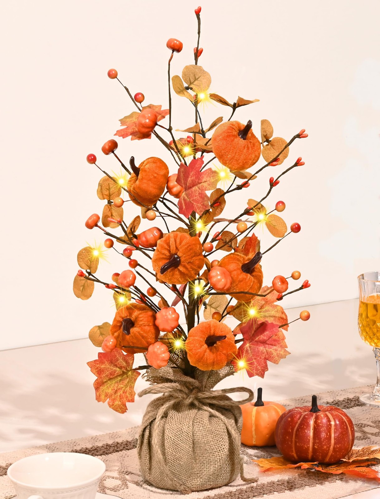 1 PC 18-Inch Artificial Pumpkin Maple Leaf Tree with Lights Fall Table Decor