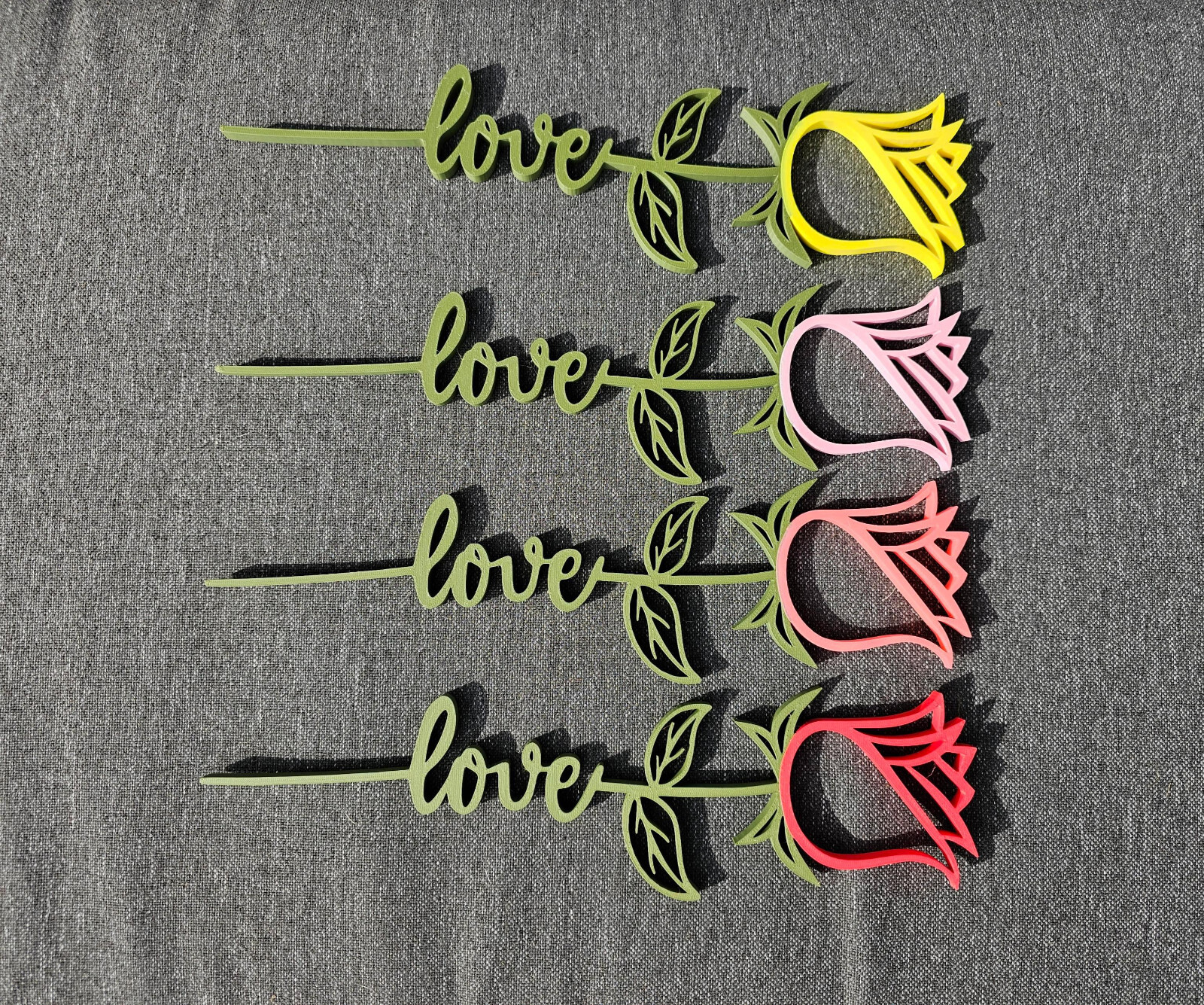 Valentines Day Flowers Roses With Love on stem 3d Printed Red pink yellow 11.5